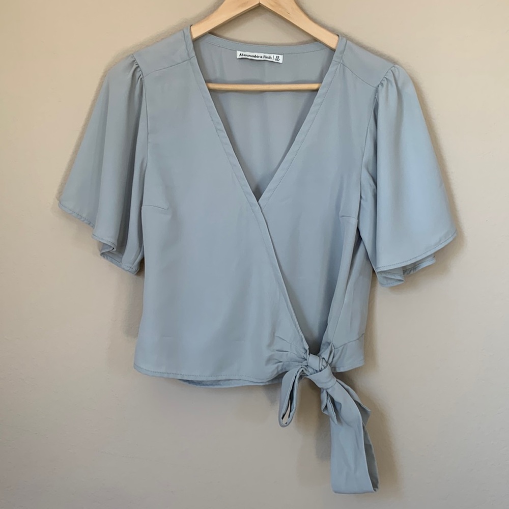 Abercrombie Light Sage Faux Wrap Blouse with Flutter-Sleeves